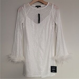 NWT Lulus Marvelous Energy White Sequin Mesh Long Sleeve Mini Dress